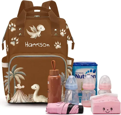 Miniatura 11 de Linda bolsa de pañales personalizada de dinosaurio tropical de gran capacidad para bebé, niño y niña, impermeable, con nombre personalizado, mochila