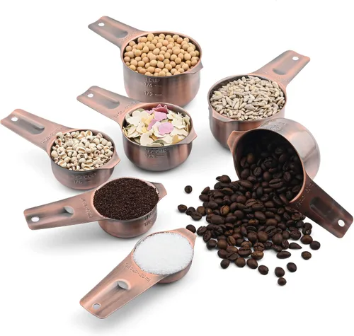 Miniatura 3 de Juego de tazas y cucharas medidoras, juego de tazas y cucharas medidoras de cobre para seco y líquido, taza métrica y de acero inoxidable 7 de EE.