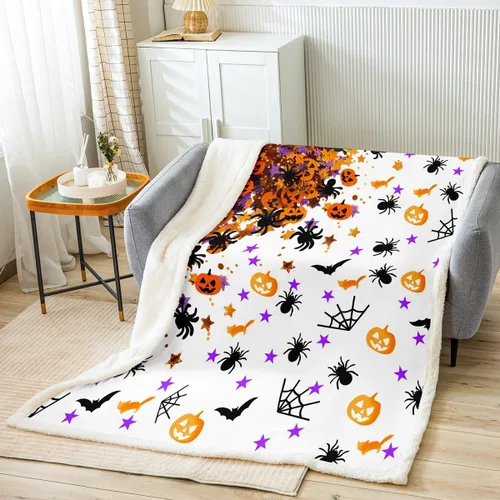 Miniatura 8 de Manfei Manta de Halloween de flamenco rosa para sofá, manta de otoño con hojas de girasol y calabaza para decoración de habitación de niños y niñas