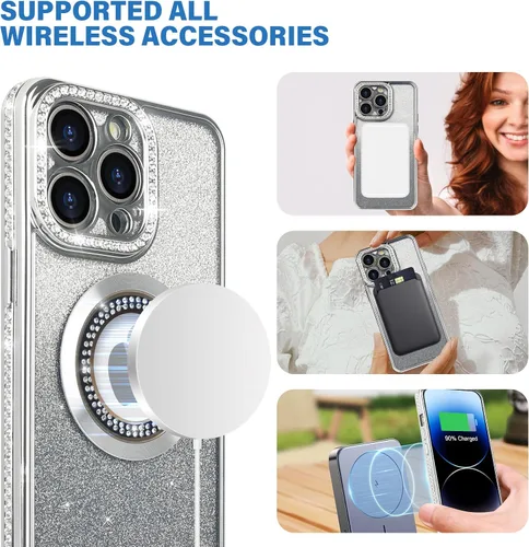 Miniatura 2 de Losin Funda magnética compatible con iPhone 15 Pro Max con purpurina compatible con MagSafe Funda de lujo con diamantes de imitación con logotipo