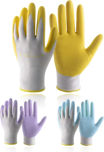 HANDLANDY Guantes de jardinería para mujer, 3 pares de guantes de trabajo transpirables con revestimiento de nitrilo, el mejor regalo para mujeres 3
