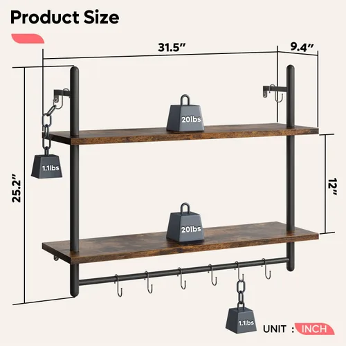 Miniatura 2 de Bestier Estante de tubería industrial flotante de 31 pulgadas, estantes montados en la pared de cocina con 8 ganchos para barra de toallas, estante
