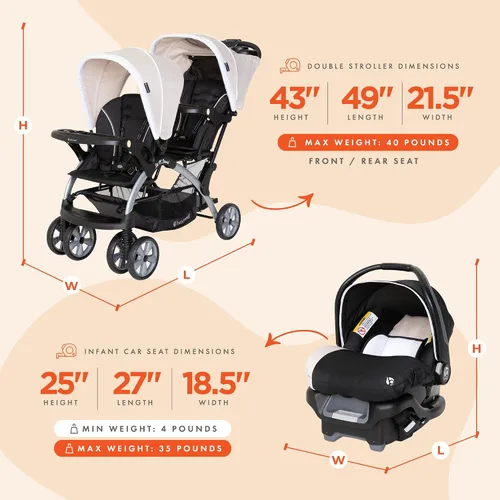 Miniatura 3 de Baby Trend Cochecito Doble para Bebés y Niños Pequeños y Combo de Asiento de Automóvil, Juego de 2 Piezas, Caqui - Dúo de Cochecito Portátil