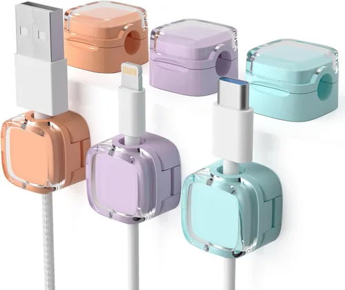 Miniatura 10 de Paquete de 6 organizadores magnéticos de cables y clips para cables, gestión de cables ajustables debajo del escritorio, soporte de alambre adhesivo