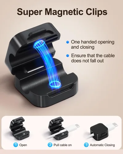 Miniatura 3 de Paquete de 16 organizadores de cables, clips magnéticos para debajo del escritorio, soporte de cables adhesivo fuerte, organizador de cables