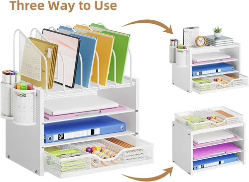 Miniatura 4 de Marbrasse Organizador de escritorio con cajón, organizador de archivos de malla de 4 niveles con 5 soportes verticales para archivos y 2 soportes