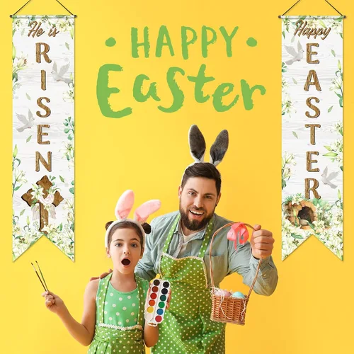 Miniatura 4 de Outus Cartel de feliz Pascua para porche con texto en inglés «He Is Risen» para puerta delantera, decoración de pared para colgar en la pared, fondo