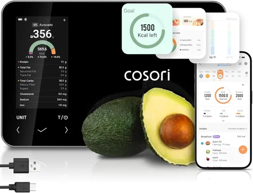 Báscula inteligente de cocina para alimentos Cosori con calculadora nutricional, aplicación gratuita para escaneo de IA, seguimiento de calorías y
