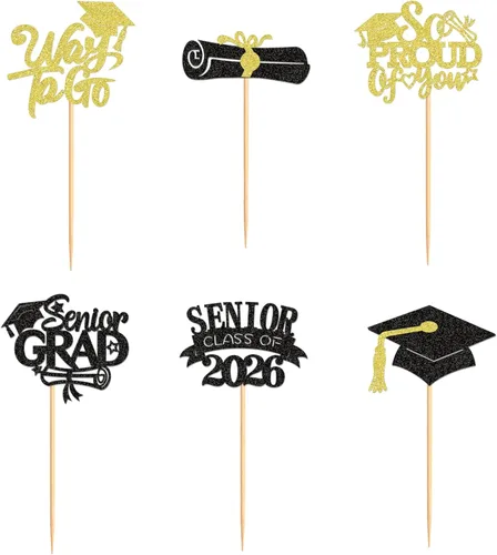 Miniatura 7 de Ercadio 36 piezas 2026 adornos para cupcakes con purpurina negra y dorada para graduación senior So Proud Of You Senior Class of 2026 Way to Go