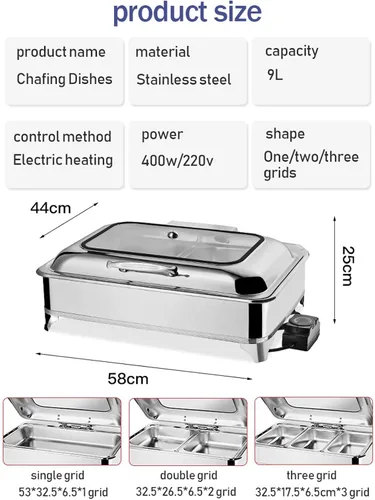 Miniatura 6 de Calentador de alimentos de 9 litros, juego de bufé rectangular con tapa visible de vidrio y control de temperatura, servidores de buffet