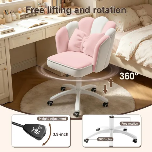 Miniatura 5 de Silla de escritorio Petal con cojín de lazo, silla de tocador de terciopelo con ruedas, silla de oficina tapizada para niñas y mujeres, sillas