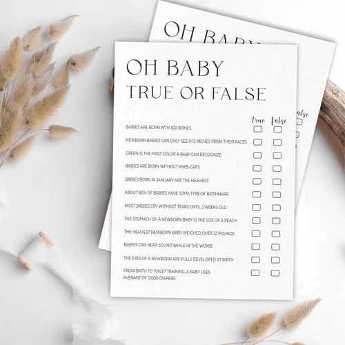 Miniatura 4 de Oh Baby! Juego verdadero o falso para baby shower, minimalismo blanco perla, 30 tarjetas de juego de relleno en blanco con 1 tarjeta de respuesta