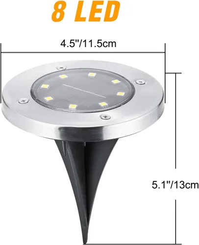 Miniatura 7 de ODEETRONIC Luces solares de tierra, paquete de 12 unidades de 8 luces LED de disco solar, luz impermeable para exteriores, luz redonda de disco