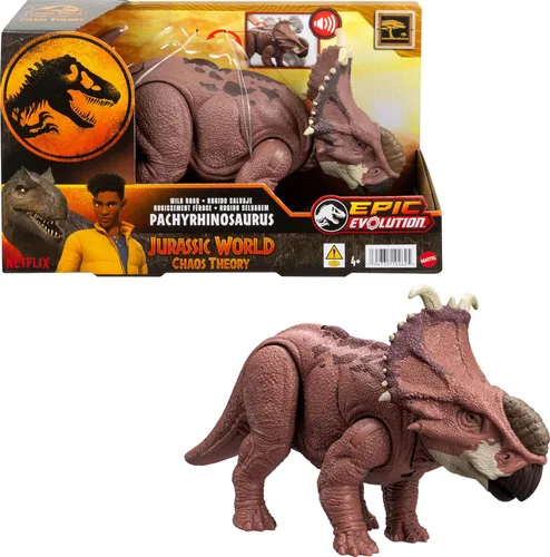 Mattel Jurassic World - Figura de acción de dinosaurio Wild Roar, Pachyrhinosaurus con golpe continuo de cabeza y sonido, juguete posable con juego