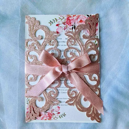 Miniatura 20 de 25 piezas de tarjetas de invitaciones de boda cortadas con láser con purpurina verde con sobres, hojas interiores en blanco, cintas