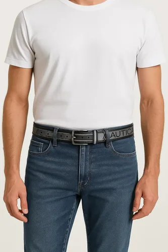 Miniatura 2 de Nautica Men's Signature Leather and Canvas Belt Ribbon Detail Flag Design Classic Casual Metal Buckle