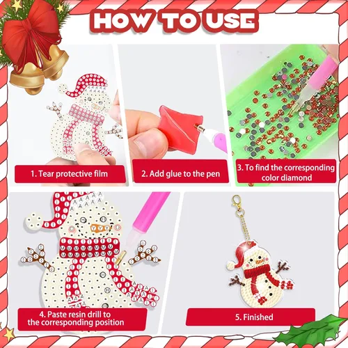 Miniatura 5 de YUE ZHE 16 PCS Kits de Arte de Diamante de Navidad para Adultos, Llaveros de Arte de Diamante Doble Cara, Llaveros de Pintura 5D de Navidad DIY