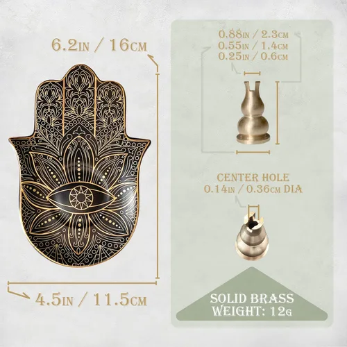 Miniatura 6 de Soporte de incienso de mano Hamsa de cerámica – Soporte de incienso de latón 2 en 1 para palos y bobinas de incienso – Decoración Zen con diseño