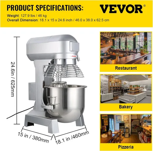 Miniatura 7 de Happybuy 10Qt Mezclador Comercial de Alimentos con Función de Temporización, Mezclador Comercial de 500W, Bol de Acero Inoxidable, Resistencia