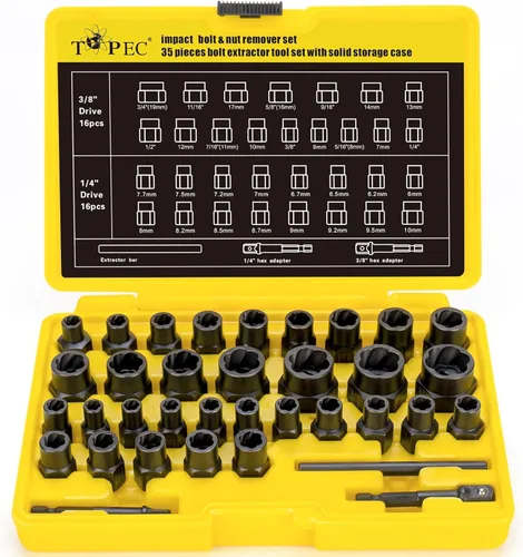 Kit de extractor de pernos Topec, juego de extractor de pernos rotos de 35 piezas, juego de llaves de impacto para quitar pernos y tuercas,