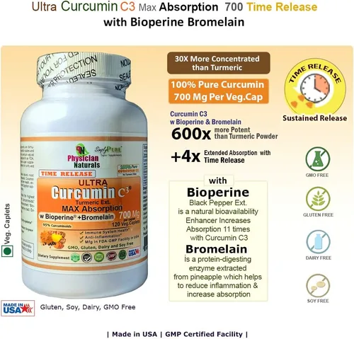 Miniatura 3 de Ultra Curcumina Tiempo Liberación w Bioperine 700mg 120 Pestañas MAX Absorción