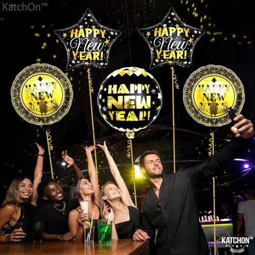 Miniatura 2 de KatchOn, Globos negros y dorados de Año Nuevo – 18 pulgadas, paquete de 5 Globos de feliz año nuevo para suministros de fiesta de Año Nuevo 2025