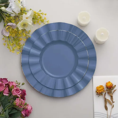 Miniatura 17 de Tableclothsfactory Paquete de 10 platos redondos de plástico negro de 6 pulgadas para ensalada de postre, platos desechables con borde ondulado