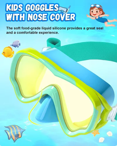 Miniatura 2 de Gafas de natación para niños con correa de tela para niños de 3 a 15 años, gafas de natación a prueba de fugas con cubierta nasal, vista clara