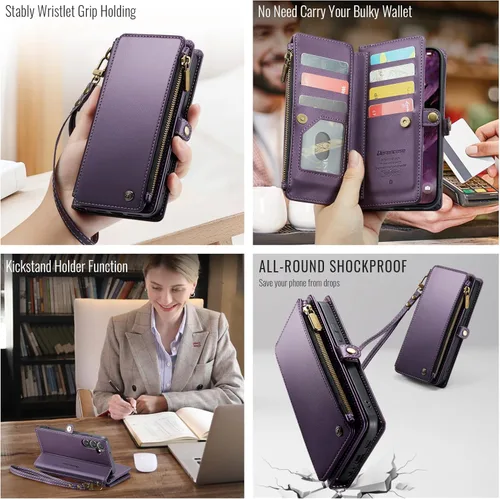 Miniatura 3 de Defencase Funda compatible con Galaxy A13 5G con tarjetero de bloqueo RFID para mujeres y hombres, correa magnética de piel sintética con cierre
