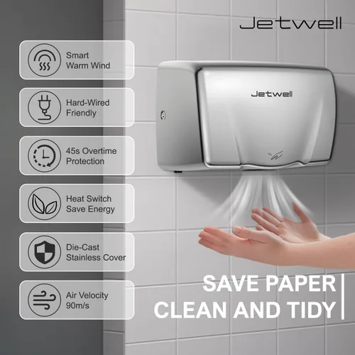 Miniatura 3 de JETWELL Paquete de 2 secadores de manos compactos para baños comerciales, cubierta de acero inoxidable, viento cálido automático de alta velocidad