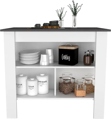 Miniatura 6 de Tuhome Cala Isla de cocina con mesa antimicrobiana, tres estantes abiertos, superficie de visualización superior y estación de trabajo de asiento