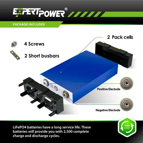 Miniatura 6 de ExpertPower Paquete de 2 Celdas de Batería Prismáticas de Litio LiFePO4 de 3.2V 100Ah UL 1973 Grado A 2500-7000 Ciclos de Vida y 10 Años de Vida