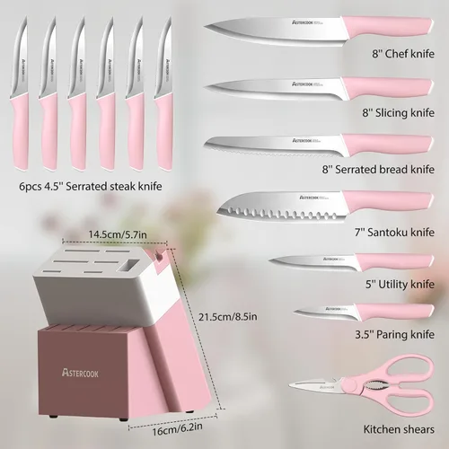 Miniatura 5 de Juego de cuchillos Astercook, juego de cuchillos de cocina con bloque y afilador con revestimiento cerámico de 15 piezas, cuchillos alemanes