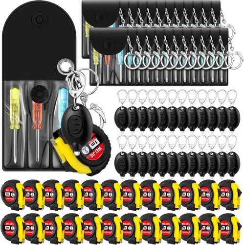 Miniatura 10 de Jutom Juego de 18 llaveros con mini destornillador, cinta métrica, luces LED, regalo para el día del padre, a granel para hombres adultos (colorido)