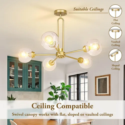 Miniatura 3 de Lámpara colgante con forma de globo, moderna lámpara de techo semiempotrada dorada con vidrio transparente, lámpara Sputnik de 5 luces para comedor