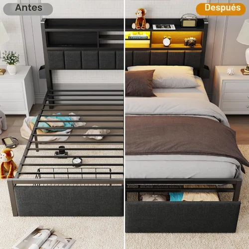 Miniatura 7 de Furnulem Base de cama King con cabecero de madera y cajones de almacenamiento, marcos de cama de plataforma de metal tamaño King con luces LED
