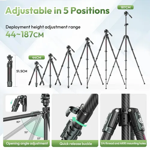 Miniatura 5 de ULANZI JJ06 GlideGo - Trípode de video de fibra de carbono, doble cabezal panorámico de 360°, altura máxima de 73.6 pulgadas, carga de 11 libras