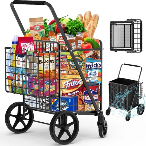 Carrito de compras de capacidad de 450 libras, carrito de comestibles enorme con ruedas, carrito de compras plegable resistente con cesta doble y
