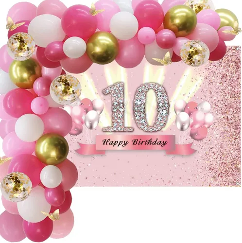 Miniatura 5 de Decoraciones de cumpleaños número 10 para niñas, cartel de fondo de feliz cumpleaños número 10, cartel de tela para fiesta de 10 años de edad