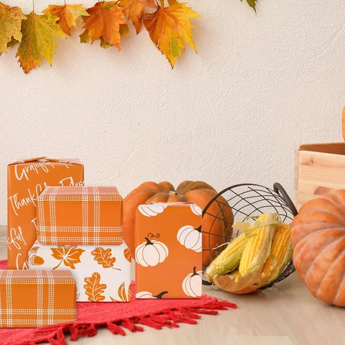 Miniatura 6 de Whaline 12 hojas de papel de regalo de otoño, hojas de otoño, calabaza, cuadros, papel de regalo de 4 estilos, color naranja y blanco, papel