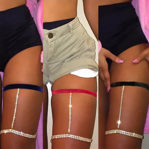 Flosy Cadena sexy para muslo, cadena de cristal dorado multicapa para piernas de verano, cadena de cuerpo con diamantes de imitación brillantes,