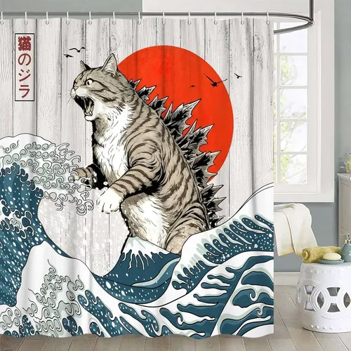 Miniatura 8 de Divertida Cortina de Ducha de Gato, Cortina de Ducha de Gato Genial con Dinosaurio y Ola Oceánica Japonesa, Cortina de Ducha Divertida de Gato