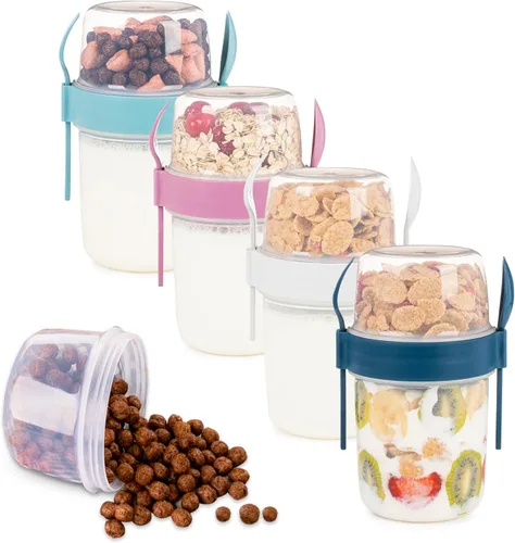 Miniatura 10 de Paquete de 4 Tazas de Desayuno Para Llevar de 22 oz con Tapas y Cuchara, Taza de Cereal y Yogur Reutilizable con Topping, Recipiente de Plástico