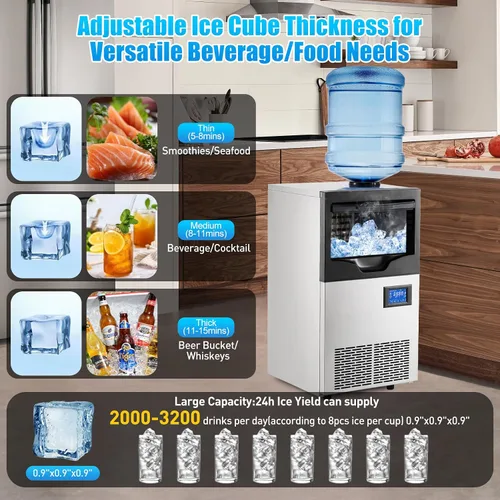 Miniatura 2 de Máquina comercial para hacer hielo de 140 libras/24 horas, 2 modos de entrada de agua y contenedor de almacenamiento de hielo de 22 libras, 66 cubos
