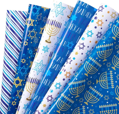 RUSPEPA Hojas de papel de regalo de Hanukkah, estrella de David, menorá, feliz Hanukkah y diseño de rayas, papel de regalo azul y dorado para