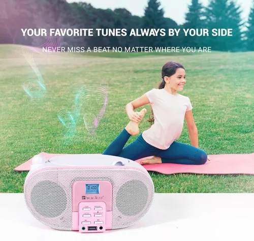 Miniatura 4 de SingingWood - Reproductor de CD portátil Boombox (rosa) - Altavoz Bluetooth de la serie Macarons con radio FM, USB, entrada auxiliar y conector
