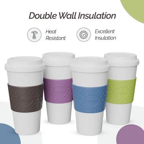 Miniatura 3 de Copco Acadia Taza de viaje (paquete de 4), taza de café aislada de 16 onzas con plástico de doble pared, tapa a prueba de fugas, apta