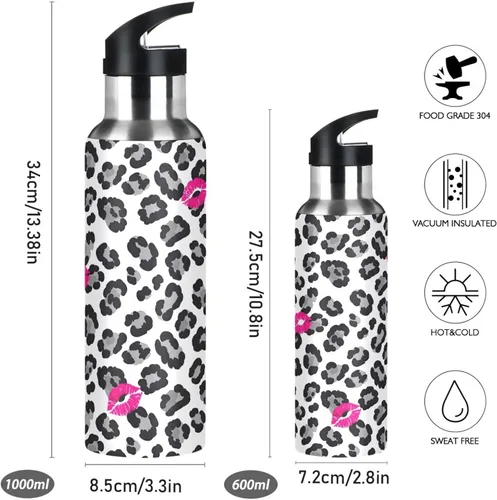 Miniatura 2 de Bold Black Gray Leopard Spots White Stainless Steel Vacuum Insulated Water Bottle 20 Oz Leakproof Water Bottles, BPA-Free Sports Water Bottle