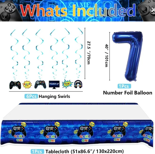 Miniatura 7 de Decoraciones de fiesta de videojuegos – Decoraciones de 7º cumpleaños para niños, pancarta de feliz cumpleaños, globos de videojuegos, globos azules