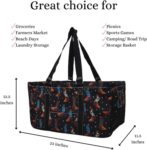 Miniatura 463 de NGIL Bolsa de comestibles reutilizable extra grande plegable de gran tamaño para comestibles, almacenamiento, picnic, playa, Bronco-negro occidental